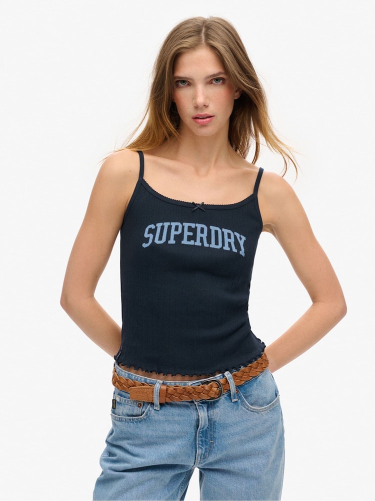 Superdry Blue Athletic Essentials Graphic Pointelle 100% Cotton Cami Top - Image 1 of 5