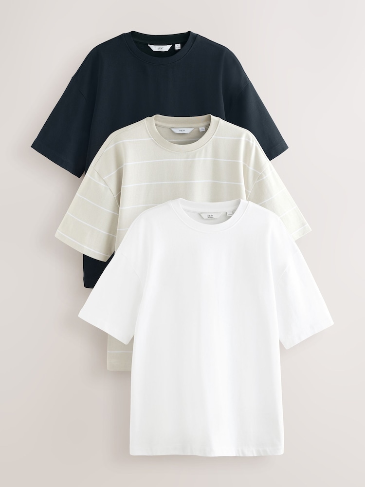 Navy/White/Grey Stripe Relaxed Fit Heavyweight T-Shirts 3 Pack - Image 1 of 12