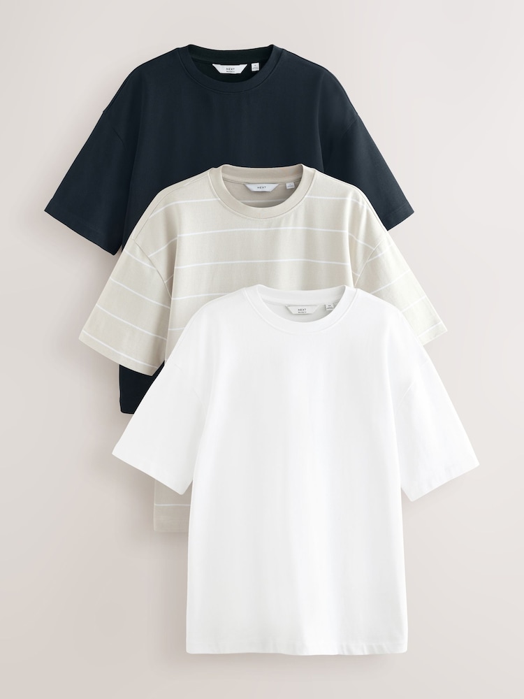 Azul marino/Blanco/Gris a rayas - Corte amplio - Pack de 3 camisetas de tejido grueso - Imagen 1 de 12 Azul marino/Blanco/Gris a rayas - Corte amplio - Pack de 3 camisetas de tejido grueso - Imagen 1 de 12