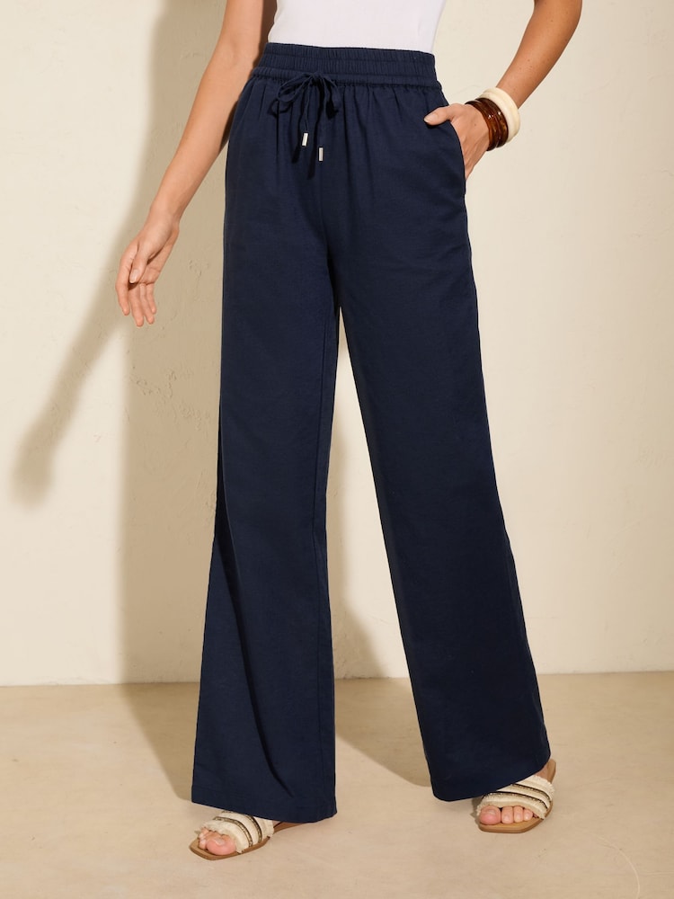 Friends Like These Navy Wide Leg Linen Blend Trousers - Image 2 of 4