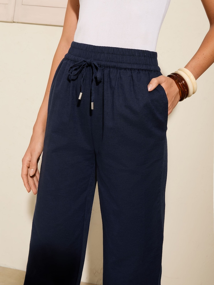Friends Like These Navy Wide Leg Linen Blend Trousers - Image 3 of 4