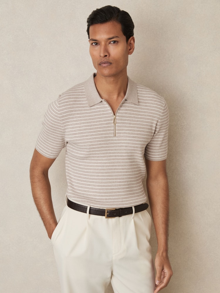 Меланжевая овсяная - Reiss Fallow Half-Zip Stripe Polo Shirt - Image 1 of 7 Меланжевая овсяная - Reiss Fallow Half-Zip Stripe Polo Shirt - Image 1 of 7