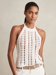 Reiss White Cally Cotton Crochet Halterneck Vest Top - Image 1 of 6