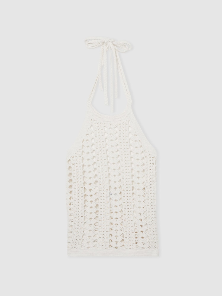 Reiss White Cally Cotton Crochet Halterneck Vest Top - Image 2 of 6