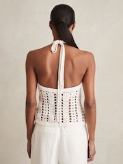 Reiss White Cally Cotton Crochet Halterneck Vest Top - Image 4 of 6
