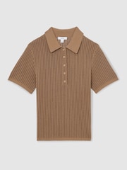 Reiss Tan Evi Cotton-Blend Open-Knit Polo Shirt - Image 2 of 5
