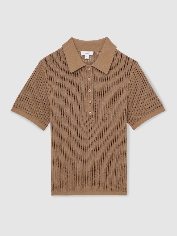 Tostado - Reiss Evi Cotton-Blend Open-Knit Polo Shirt - Imagen 2 de 5 Tostado - Reiss Evi Cotton-Blend Open-Knit Polo Shirt - Imagen 2 de 5