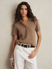 Reiss Tan Evi Cotton-Blend Open-Knit Polo Shirt - Image 3 of 5