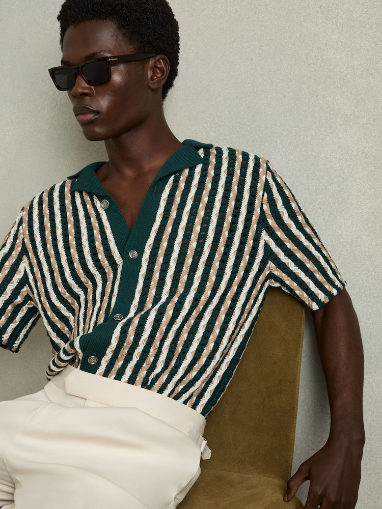 Reiss Green Roulette Textured-Knit Cuban-Collar Shirt - Image 1 of 6