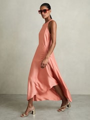 Reiss Coral Anessa Satin Shirred Midi Dress - Image 1 of 6