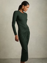 Reiss Green Ginny Petite Ruched Jersey Midi Dress - Image 1 of 7