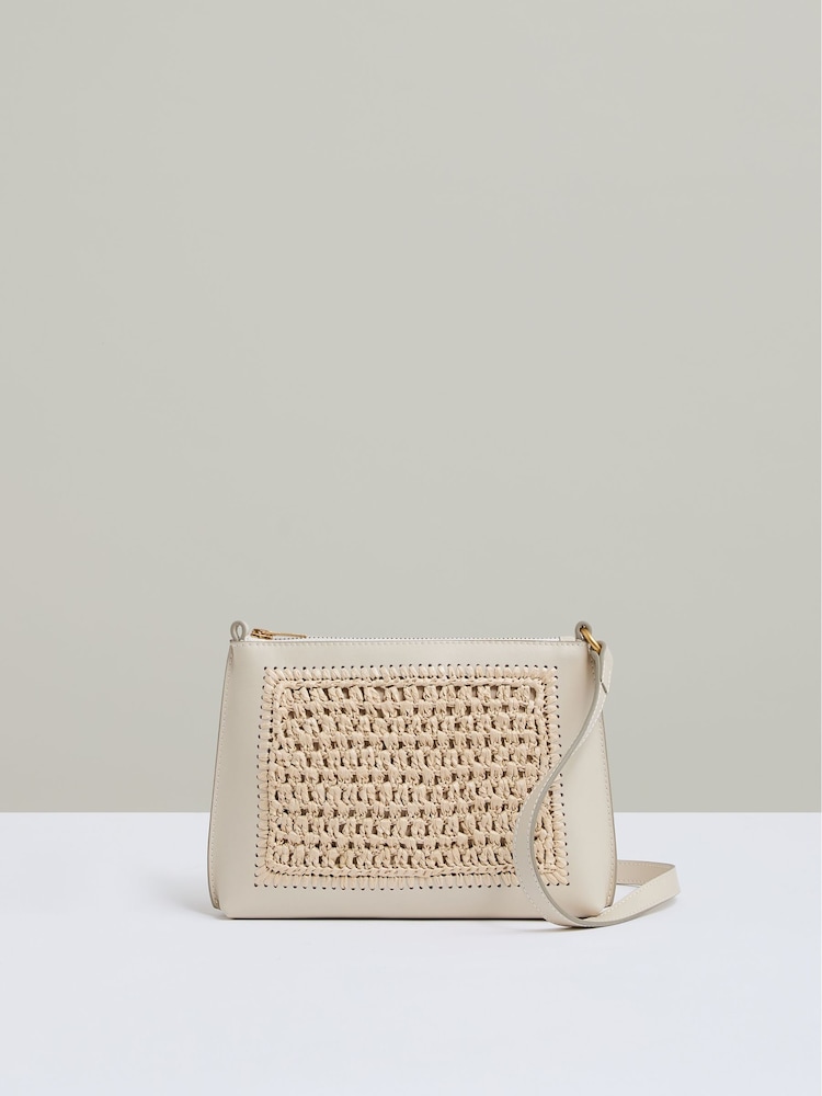 Reiss Off White Bernice Raffia Leather Cross-Body Bag - Image 1 of 5