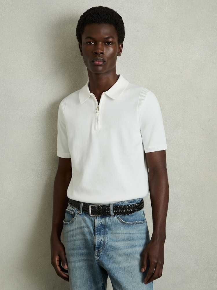 Reiss White Berkley Cotton Half-Zip Knitted Polo Shirt - Image 1 of 6