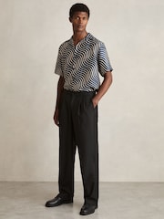 Reiss Navy/ Off White Carbello Wave-Print Cuban-Collar Shirt - Image 1 of 6