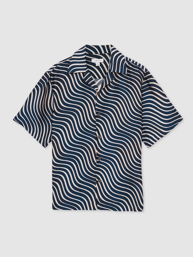 Reiss Navy/ Off White Carbello Wave-Print Cuban-Collar Shirt - Image 2 of 6