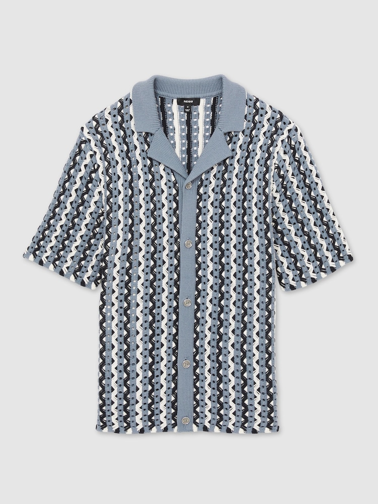 Reiss Airforce Blue Roulette Textured-Knit Cuban-Collar Shirt - Image 2 of 6