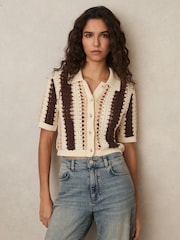 Reiss Cream/Brown Roni Cotton Crochet Striped Shirt - Image 1 of 5
