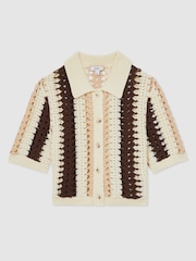 Reiss Cream/Brown Roni Cotton Crochet Striped Shirt - Image 2 of 5