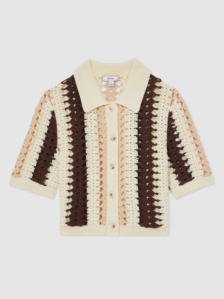 Reiss Cream/Brown Roni Cotton Crochet Striped Shirt - Image 2 of 5