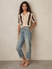 Reiss Cream/Brown Roni Cotton Crochet Striped Shirt - Image 3 of 5