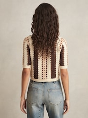 Reiss Cream/Brown Roni Cotton Crochet Striped Shirt - Image 4 of 5