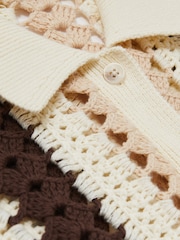 Reiss Cream/Brown Roni Cotton Crochet Striped Shirt - Image 5 of 5