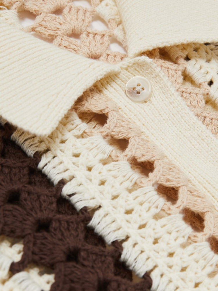 Reiss Cream/Brown Roni Cotton Crochet Striped Shirt - Image 5 of 5