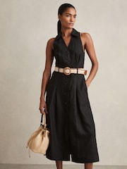 Reiss Black Annie Linen Belted Sleeveless Midi Dress - Image 1 of 6