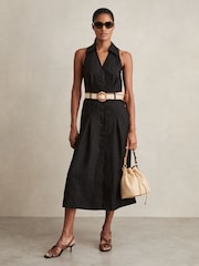 Reiss Black Annie Linen Belted Sleeveless Midi Dress - Image 3 of 6