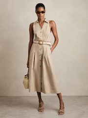 Reiss Neutral Annie Linen Belted Sleeveless Midi Dress - Image 1 of 6