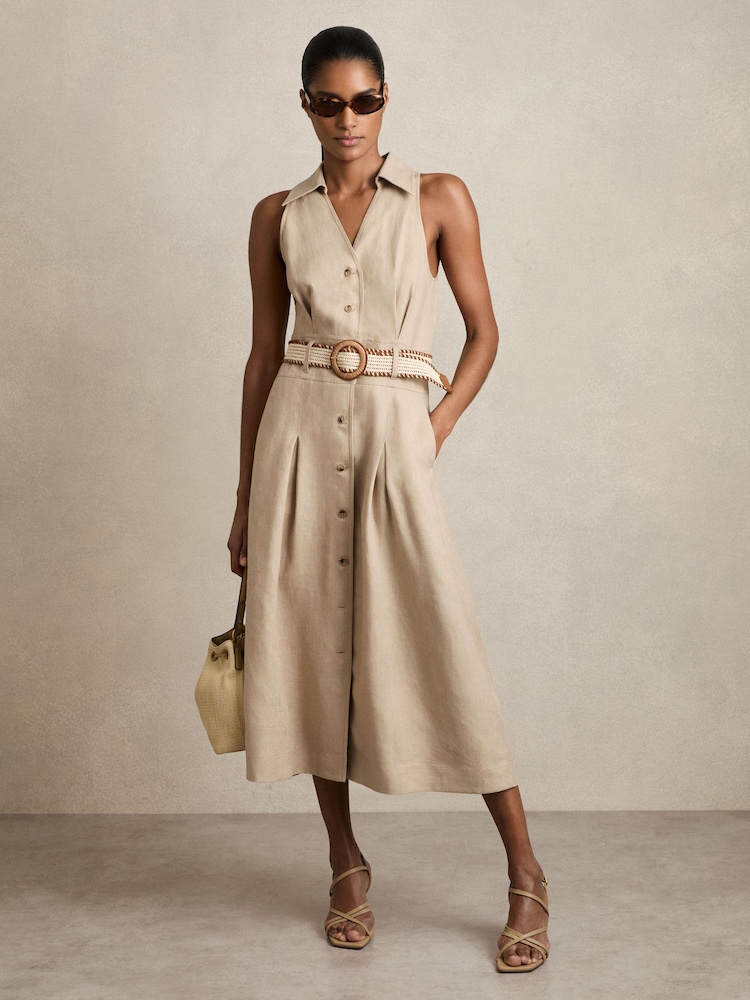 Reiss Neutral Annie Linen Belted Sleeveless Midi Dress - Image 1 of 6