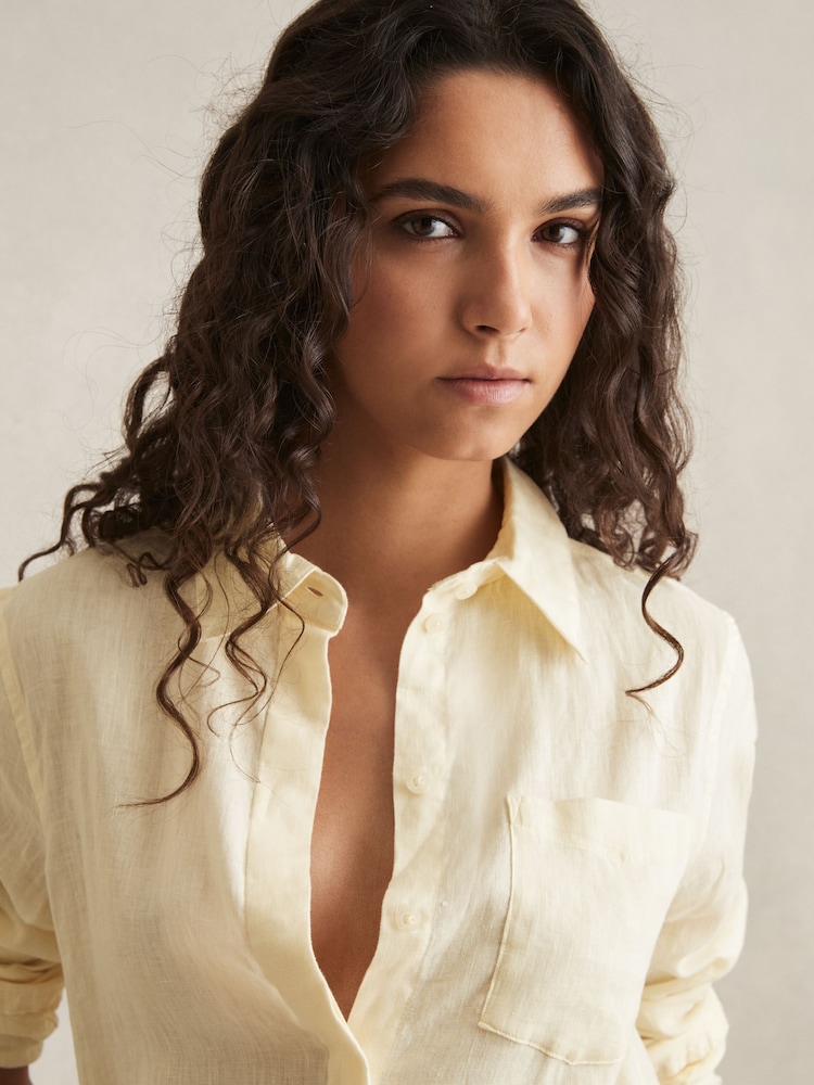 Reiss Pale Yellow Belle Linen Button-Through Shirt - Image 4 of 6