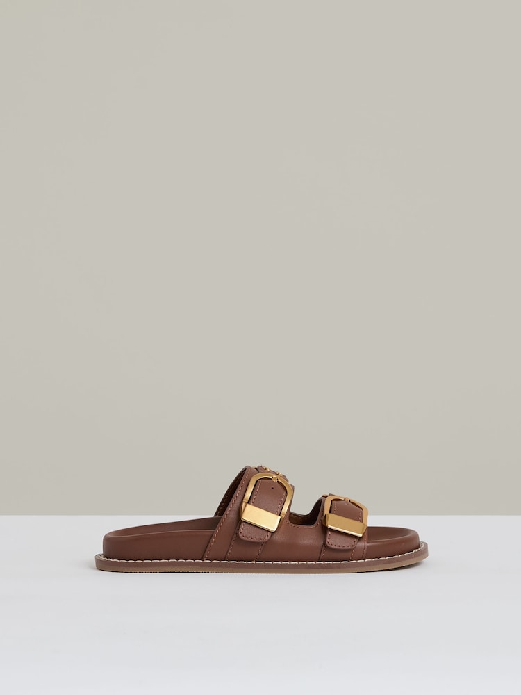 Reiss Tan Ella Leather Buckled Slip-On Sandals - Image 1 of 6