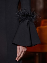 Sosandar Black Bardot Feather Detail Flared Sleeves Midi Dress - Image 4 of 5