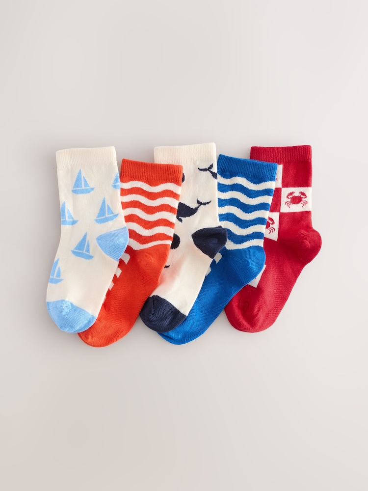Navy/Red/Ecru Nautical Print Rich Socks 5 Pack - Image 1 of 3