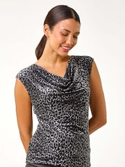 Gris negro - Roman Leopard Print Sequin Asymmetric Overlay Top - Imagen 1 de 5