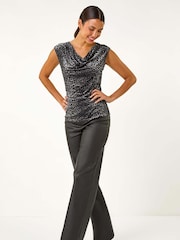 Gris negro - Roman Leopard Print Sequin Asymmetric Overlay Top - Imagen 2 de 5