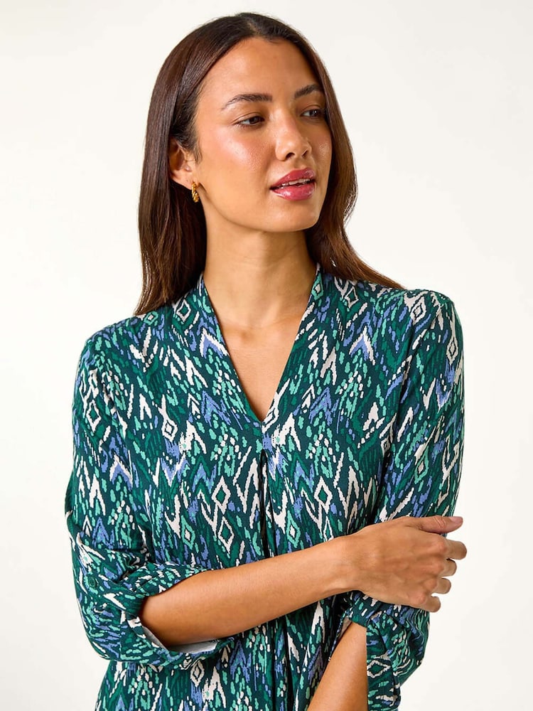 Roman Blue Sky Abstract Print Front Pleat Stretch Top - Image 1 of 6