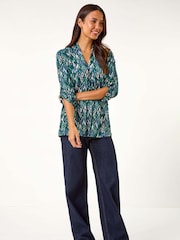 Roman Blue Sky Abstract Print Front Pleat Stretch Top - Image 3 of 6