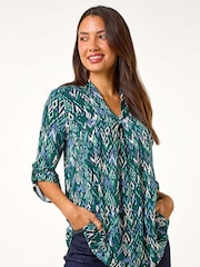 Roman Blue Sky Abstract Print Front Pleat Stretch Top - Image 5 of 6