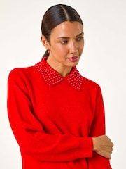 Roman Red Faux Pearl Collar Jumper - Image 1 of 6