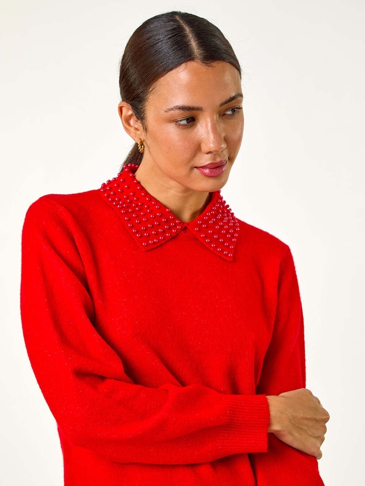Roman Red Faux Pearl Collar Jumper - Image 1 of 6