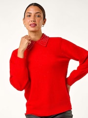 Roman Red Faux Pearl Collar Jumper - Image 5 of 6