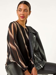 Roman Black Stripe Print Mesh Overlay Top - Image 1 of 6