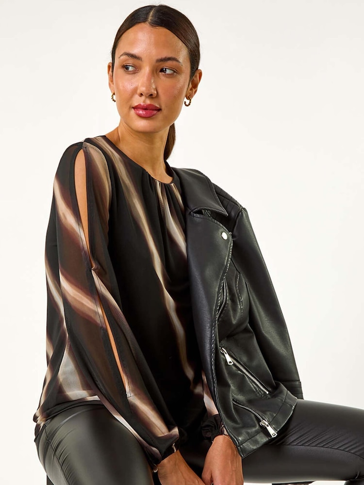 Roman Black Stripe Print Mesh Overlay Top - Image 1 of 6