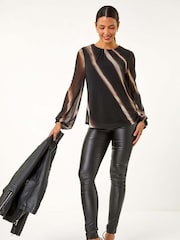 Roman Black Stripe Print Mesh Overlay Top - Image 3 of 6