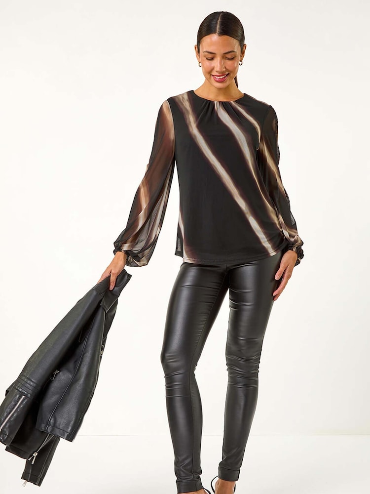 Roman Black Stripe Print Mesh Overlay Top - Image 3 of 6