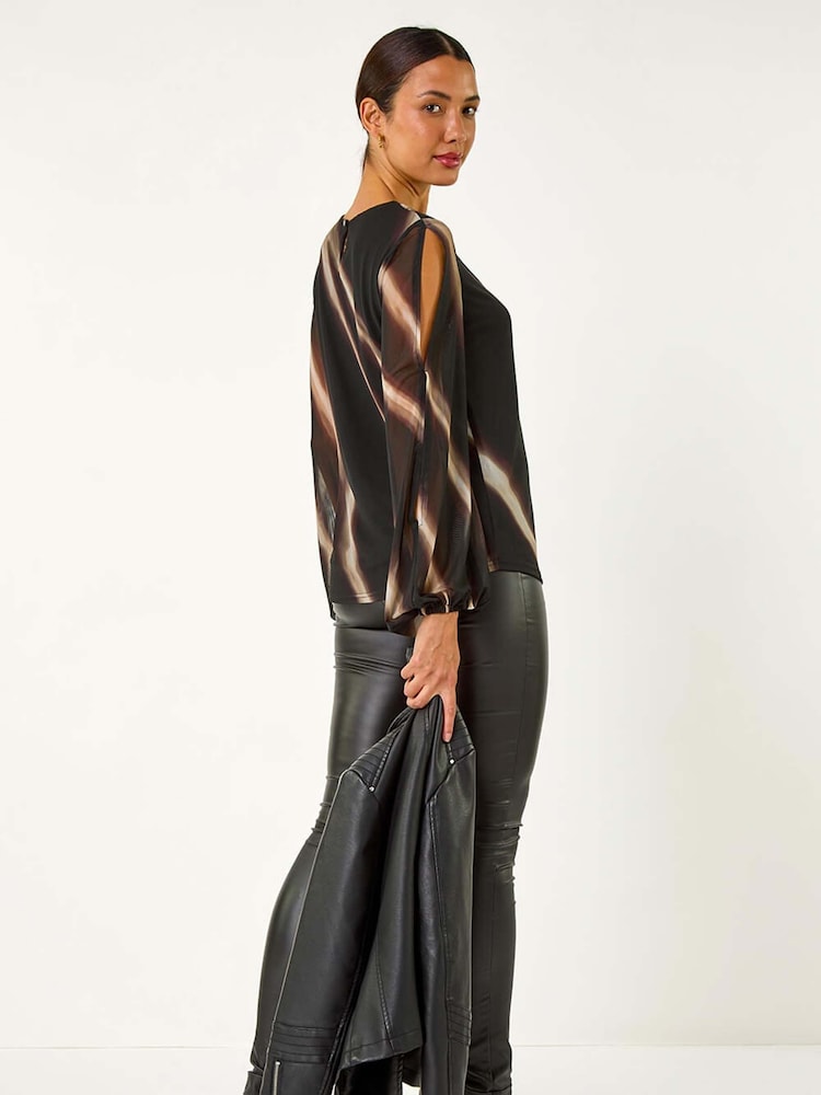 Roman Black Stripe Print Mesh Overlay Top - Image 4 of 6
