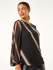 Roman Black Stripe Print Mesh Overlay Top - Image 5 of 6