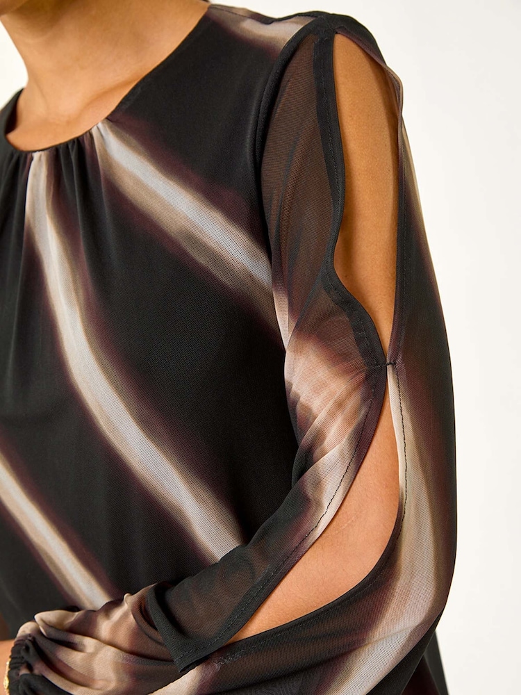 Roman Black Stripe Print Mesh Overlay Top - Image 6 of 6
